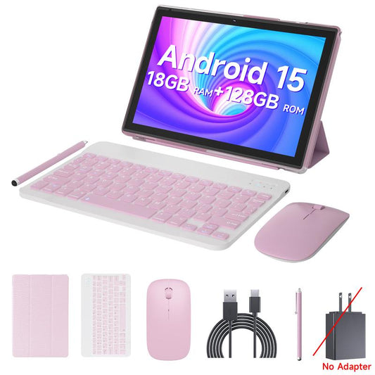 【TikTokShopHolidayHaul】Android 15 tablet 10.1 inches, 18(6+12)GB RAM,128GB ROM,Touchscreen, With Dual Camera,Bluetooth Keyboard,Case,Mouse,Stylus, 2.4G/5G WiFi, Type-C Charging Large Storage,Affordable Tablet, portable,Cellphone Smartphone (PINK)