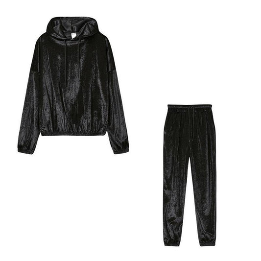 Women's Solid Velvet Hooded Long Sleeve Tracksuit – Casual Loungewear Set