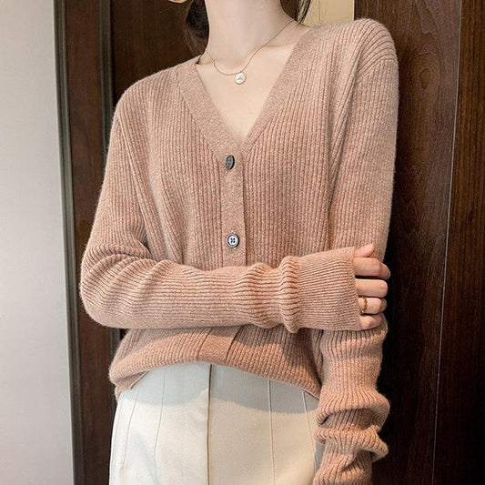 2021 Autumn New Knitted V-Neck Cardigan Women'S Outer Wear Korean-Style Lazy Loose Solid Color Sweater Coat Women