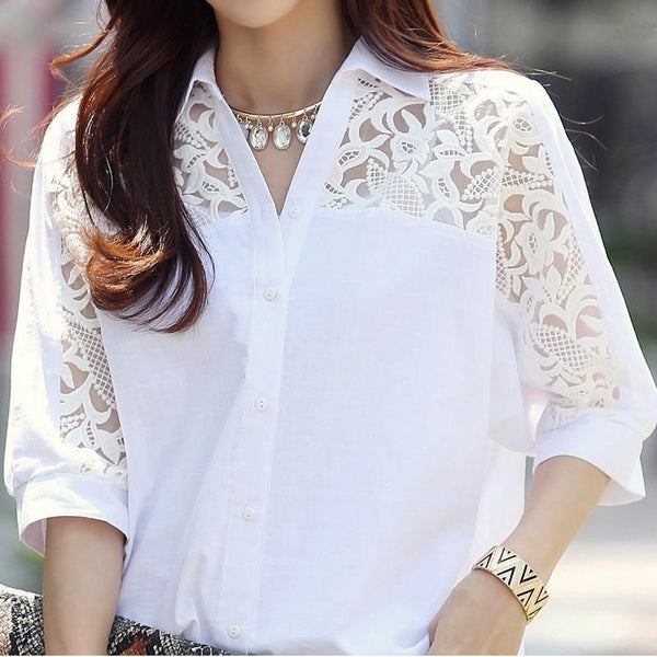 Plus Size Lace Chiffon Blouse for Women, Loose Fit Korean Style, Short & Half Sleeve Elegant Top