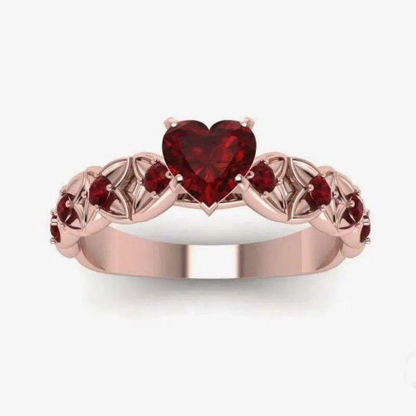 Rose Gold Heart-Shaped Ring with Red Crystal Inlay, Dainty Micro Zirconia Wedding Band