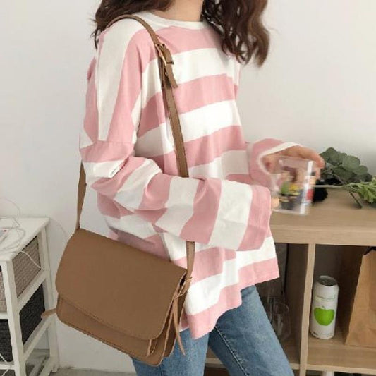Women's Striped Long Sleeve T-Shirt, Loose Fit Korean Style, Casual Spring Autumn Top for Students