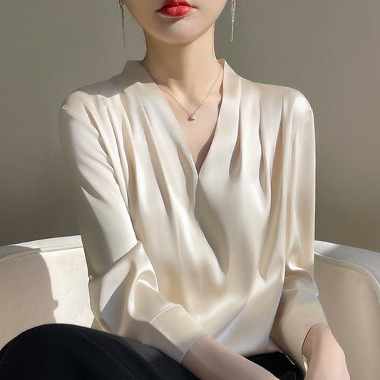 Elegant Silk Satin V-Neck Blouse for Women, Loose Fit, Plus Size, Unique Acetate Shirt, Korean Style, Chic White Top