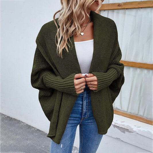 Women's Solid Color Batwing Sleeve Knit Cardigan Sweater, Elegant Open Front Outwear