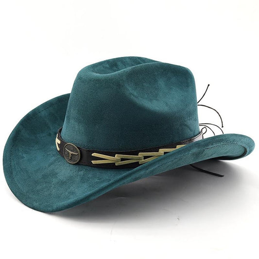 Western Cowboy Hat for Men and Women, Suede Felt Fedora with Bullhead Belt, Wide Brim, Outdoor Ethnic Style