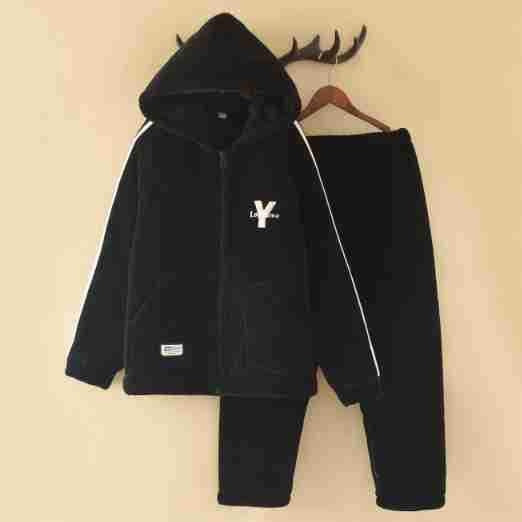 Men's Fleece Hooded Pajamas Set Winter Warm Plush Lined Sleepwear Home Loungewear