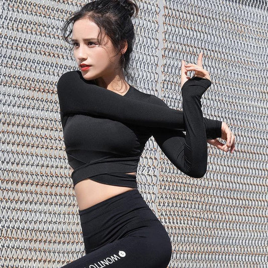Women's Long Sleeve Cropped Yoga Top | Cross Front Workout Shirt with Quick-Dry Fabric