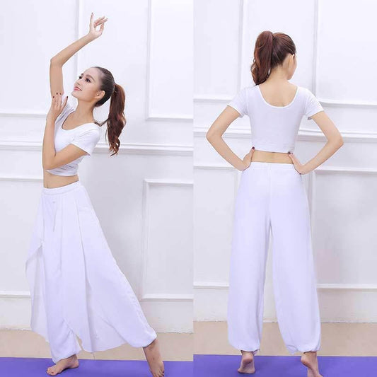 Ethereal Dance Performance Outfit: Flowy Chiffon Yoga & Dance Costume Set with Sheer Sleeves