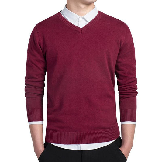 Men's V-Neck Long Sleeve Sweater, Solid Color Knit Pullover for Business Casual Wear