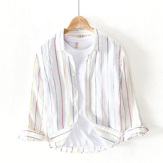 Men's Casual Long Sleeve Shirt Colorful Stripe Pattern Lightweight Breathable Loose Fit