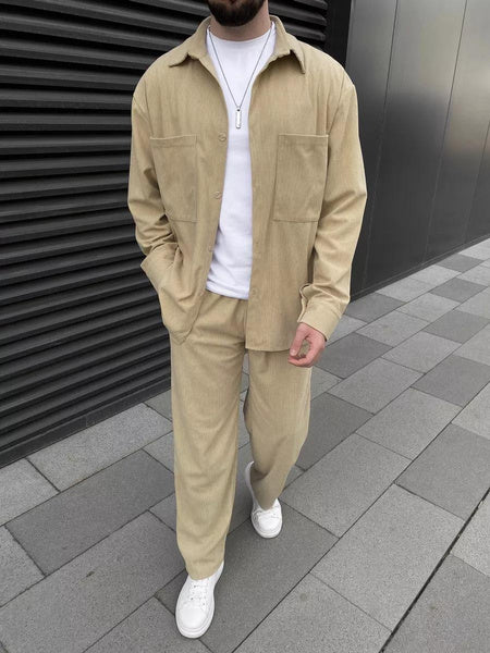 Men's Corduroy Jacket and Pants Set Casual Long Sleeve Coat with Trousers Two-Piece Outfit