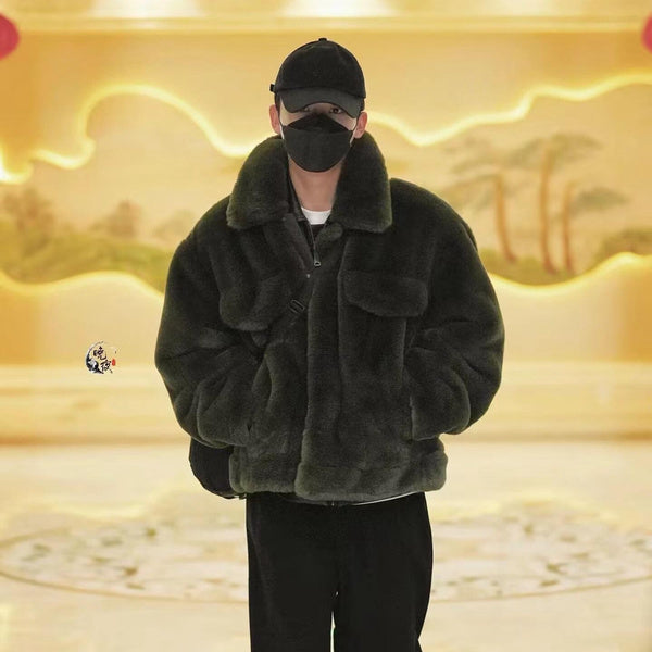 Men's Winter Faux Rabbit Fur Coat Warm Fashionable Plush Outerwear