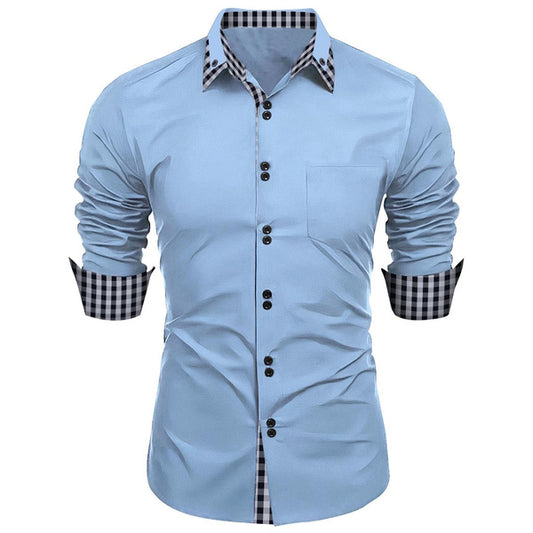 Men's Fashion Checkered Color Block Business Casual Slim Fit Long Sleeve Shirt