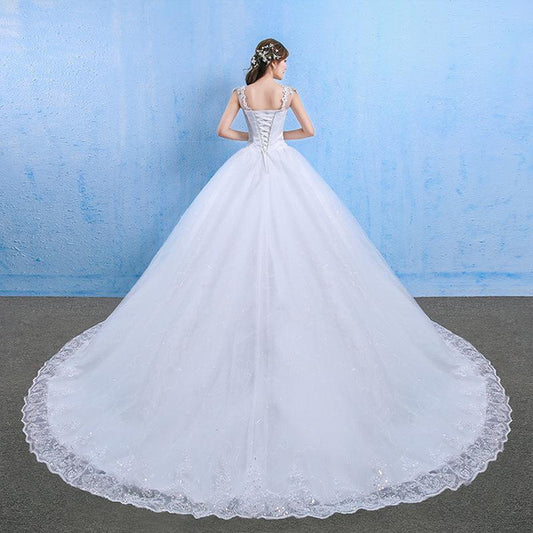 Elegant Lace Illusion Neckline Wedding Dress with Long Train, Plus Size A-Line Gown for Bride