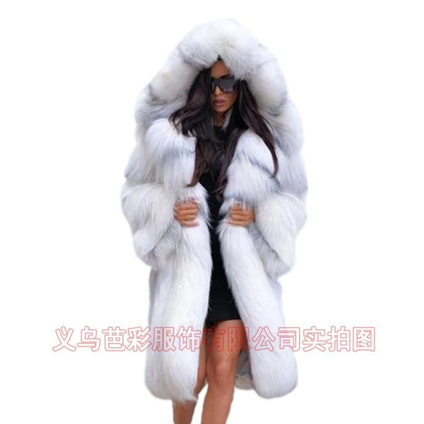 Luxury Fox Fur Coat with Hood, Longline Shearling Blend Jacket for Women