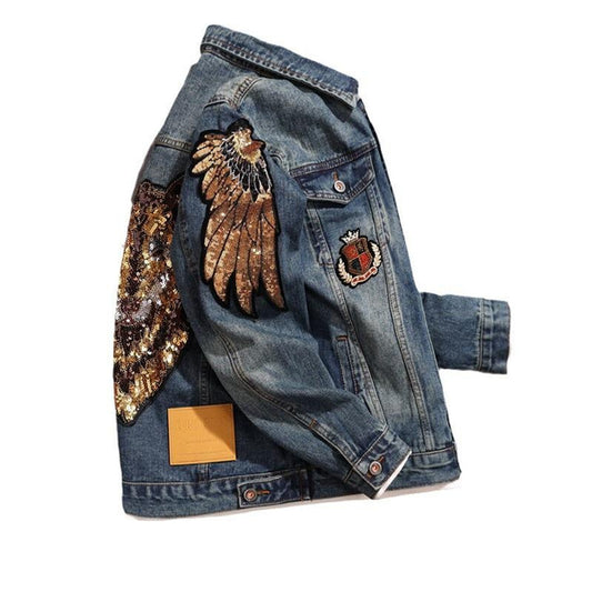 Vintage Japanese Denim Jacket with Detailed Embroidery, American Style Distressed Casual Coat
