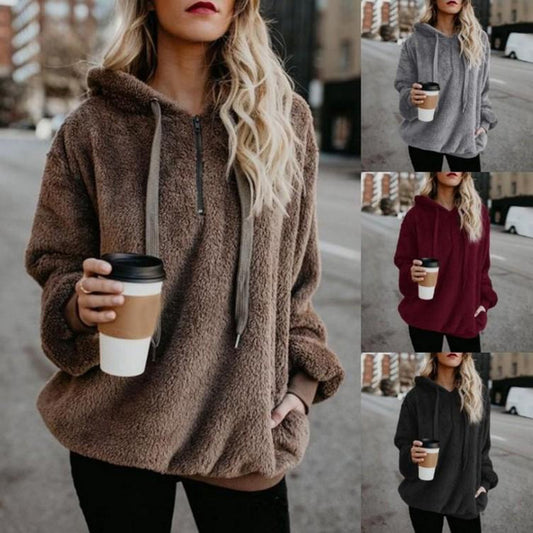 Women's Hooded Fleece Sweatshirt Long Sleeve Pullover Casual Solid Color Outerwear