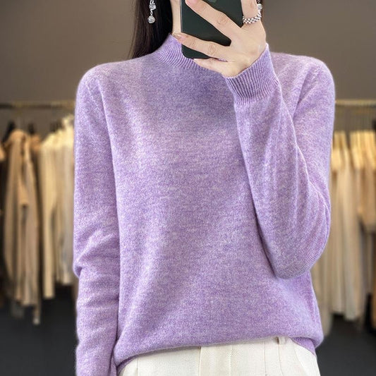 Women's One-Piece Knit Cashmere Sweater Semi-Turtleneck Loose Fit Pullover Long Sleeve Top
