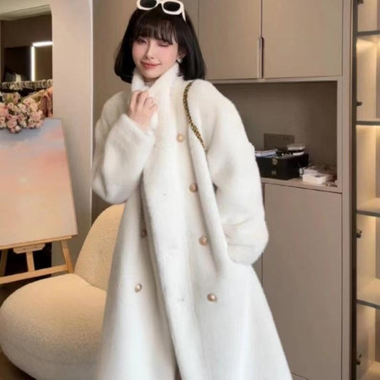Luxury Faux Fur Coat with Stand Collar, Plush Fleece Lining, and Elegant Long Winter Jacket for Women