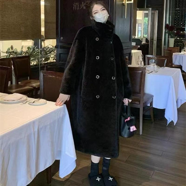 Luxury Faux Fur Coat with Stand Collar, Plush Fleece Lining, and Elegant Long Winter Jacket for Women