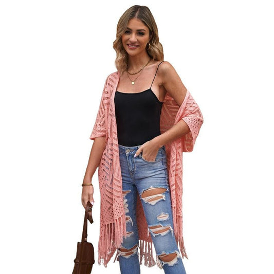Elegant Longline Fringe Knit Cardigan with Distressed Details & Openwork Design