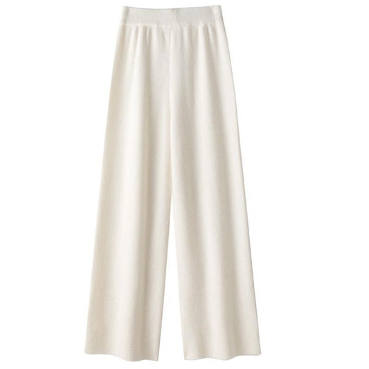 Pure Wool Wide Leg Pants for Women - High Waist Trousers with Flowy Straight Cut & Knitted Texture