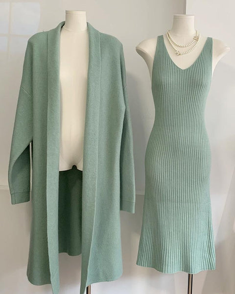 Elegant Knit Set: Sleeveless Dress & Long Cardigan Coat, Women's Autumn Winter Outfit