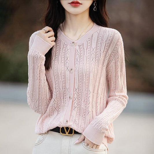 Lace-Knit Cotton Cardigan for Women: Flattering Crochet Open-Front Sweater