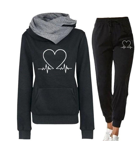 Heartbeat Print Hoodie and Jogger Set Women's Casual Sportswear