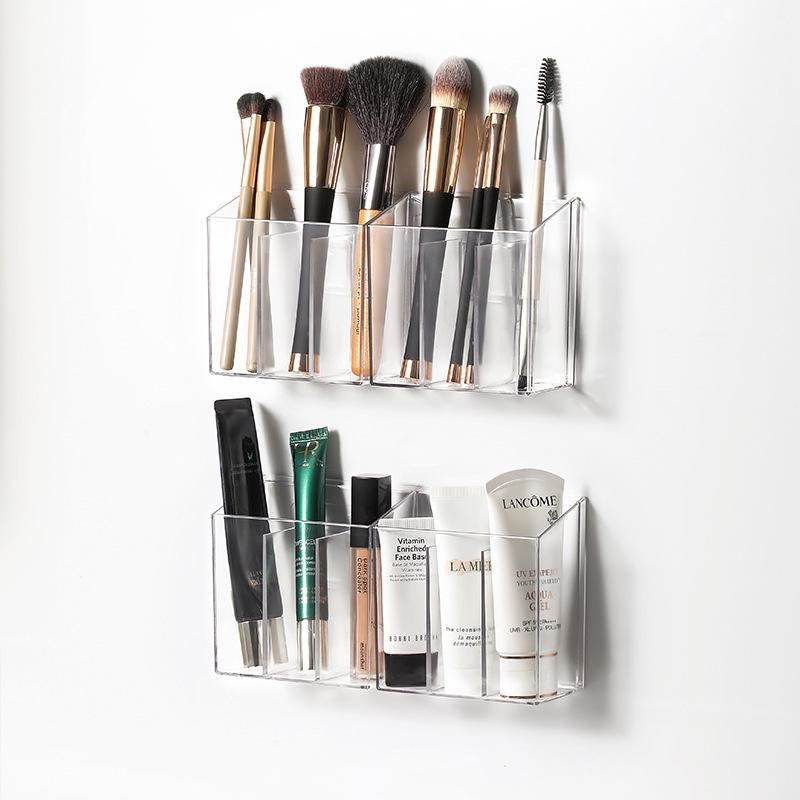 Clear Wall-Mounted Cosmetic Organizer | Multi-Compartment Storage for Lipsticks, Makeup Brushes & Skincare