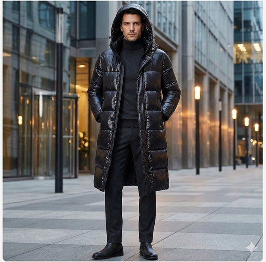 Men's Long Puffer Coat with Hood, Winter Warm Quilted Jacket, Black Gold Waterproof Parka
