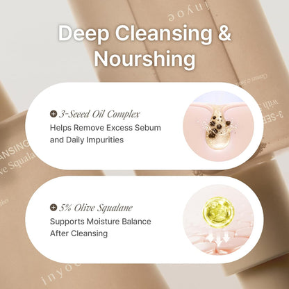 inyoe 3-Seed Cleansing Oil with 5% Olive Squalane, Hydrating Cleansing Oil for Smooth, Radiant Skin, Lightweight Makeup Remover, Korean Skin Care, 6.76 fl oz 200 ml