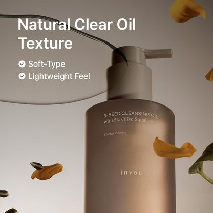 inyoe 3-Seed Cleansing Oil with 5% Olive Squalane, Hydrating Cleansing Oil for Smooth, Radiant Skin, Lightweight Makeup Remover, Korean Skin Care, 6.76 fl oz 200 ml
