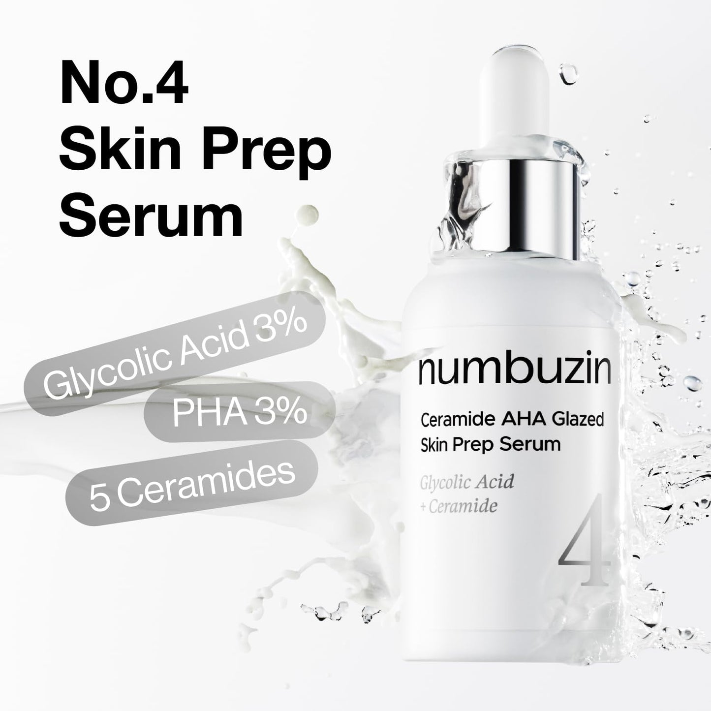 numbuzin No.4 Ceramide AHA PHA Glazed Skin Prep Serum, Gentle Exfoliating Serum with Glycolic Acid & PHA for Smooth Texture & Glass Skin Glow, 1.01 fl oz