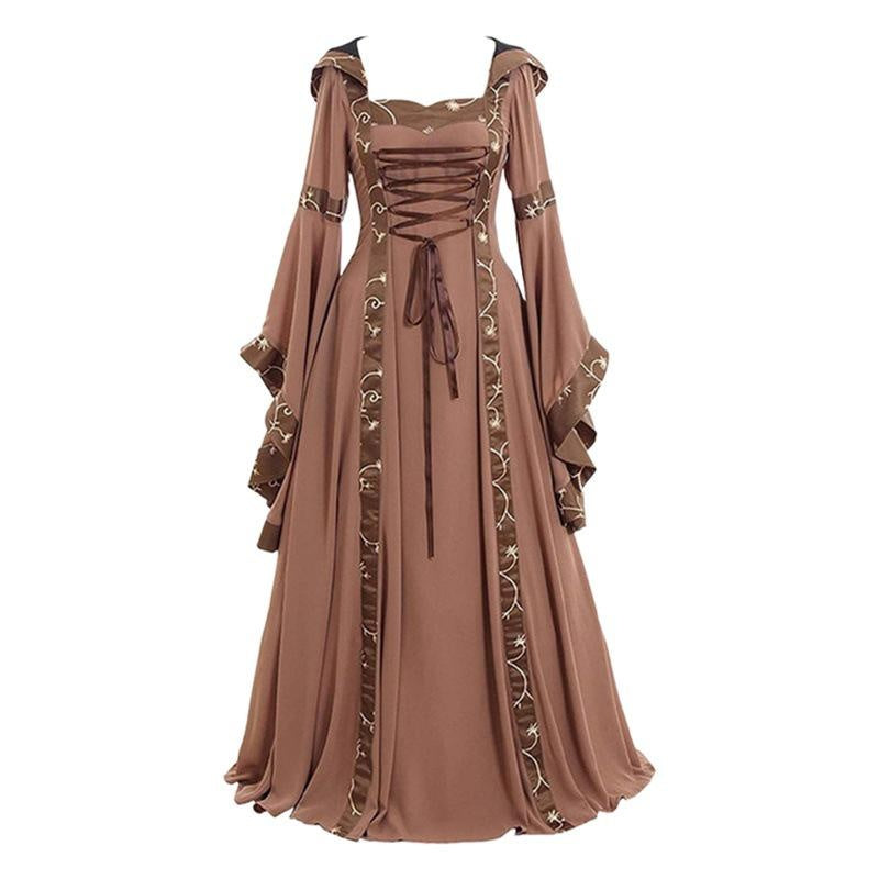 Plus Size Medieval Hooded Dress for Women, Vintage Renaissance Flare Sleeve Maxi Gown, Halloween Costume