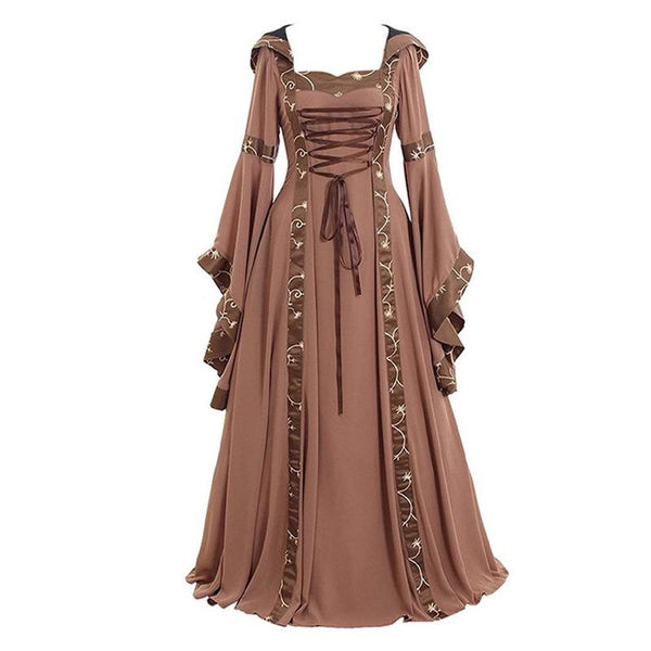 Plus Size Medieval Hooded Dress for Women, Vintage Renaissance Flare Sleeve Maxi Gown, Halloween Costume