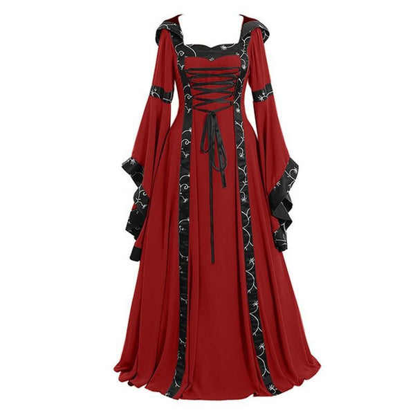 Plus Size Medieval Hooded Dress for Women, Vintage Renaissance Flare Sleeve Maxi Gown, Halloween Costume