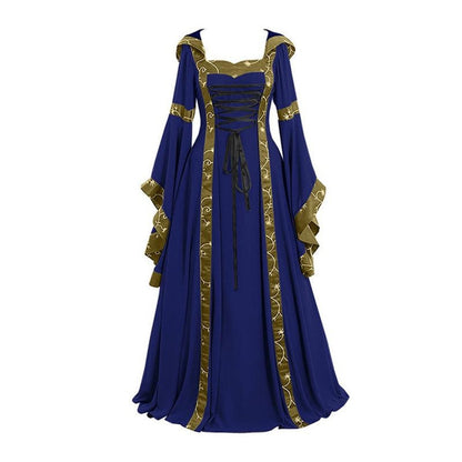Plus Size Medieval Hooded Dress for Women, Vintage Renaissance Flare Sleeve Maxi Gown, Halloween Costume