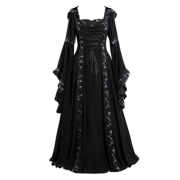 Plus Size Medieval Hooded Dress for Women, Vintage Renaissance Flare Sleeve Maxi Gown, Halloween Costume