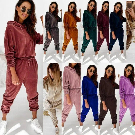 Women's Solid Velvet Hooded Long Sleeve Tracksuit – Casual Loungewear Set