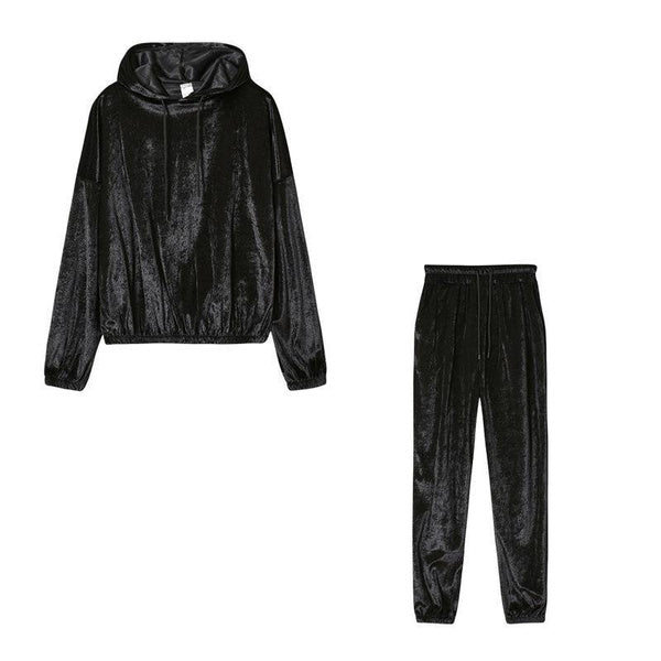 Women's Solid Velvet Hooded Long Sleeve Tracksuit – Casual Loungewear Set