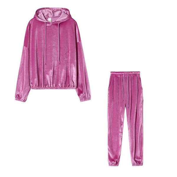 Women's Solid Velvet Hooded Long Sleeve Tracksuit – Casual Loungewear Set