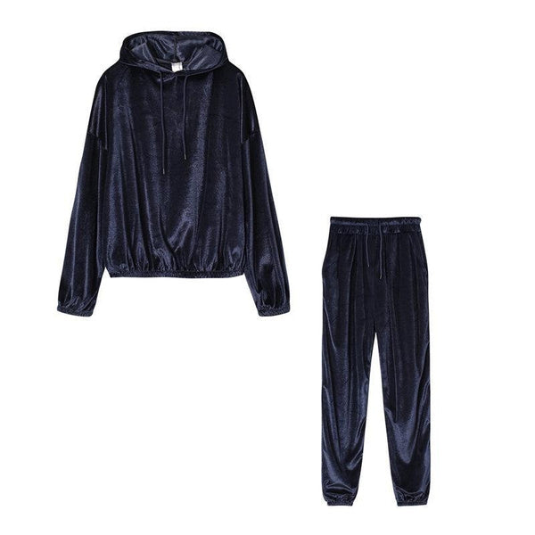 Women's Solid Velvet Hooded Long Sleeve Tracksuit – Casual Loungewear Set