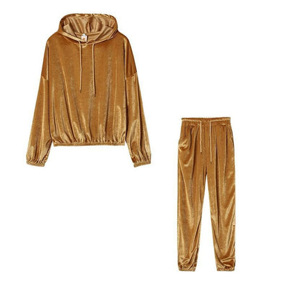 Women's Solid Velvet Hooded Long Sleeve Tracksuit – Casual Loungewear Set