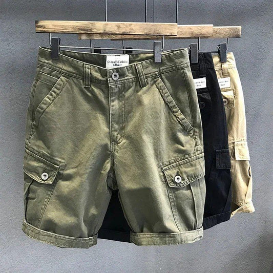 Men’s Heavyweight Washed Fabric Cargo Shorts, Army Green, Multi-Pocket, Loose Fit, Casual Straight-Leg