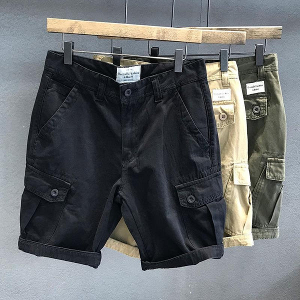 Men’s Heavyweight Washed Fabric Cargo Shorts, Army Green, Multi-Pocket, Loose Fit, Casual Straight-Leg