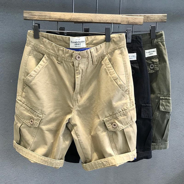 Men’s Heavyweight Washed Fabric Cargo Shorts, Army Green, Multi-Pocket, Loose Fit, Casual Straight-Leg