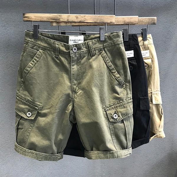 Men’s Heavyweight Washed Fabric Cargo Shorts, Army Green, Multi-Pocket, Loose Fit, Casual Straight-Leg