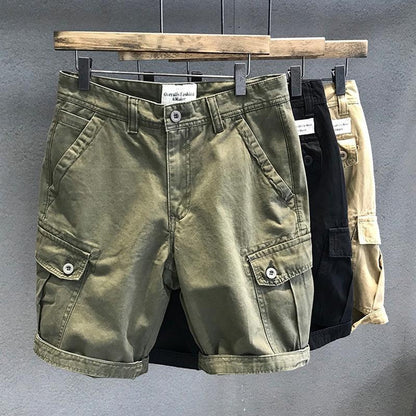 Men’s Heavyweight Washed Fabric Cargo Shorts, Army Green, Multi-Pocket, Loose Fit, Casual Straight-Leg