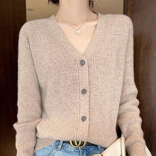 2021 Autumn New Knitted V-Neck Cardigan Women'S Outer Wear Korean-Style Lazy Loose Solid Color Sweater Coat Women